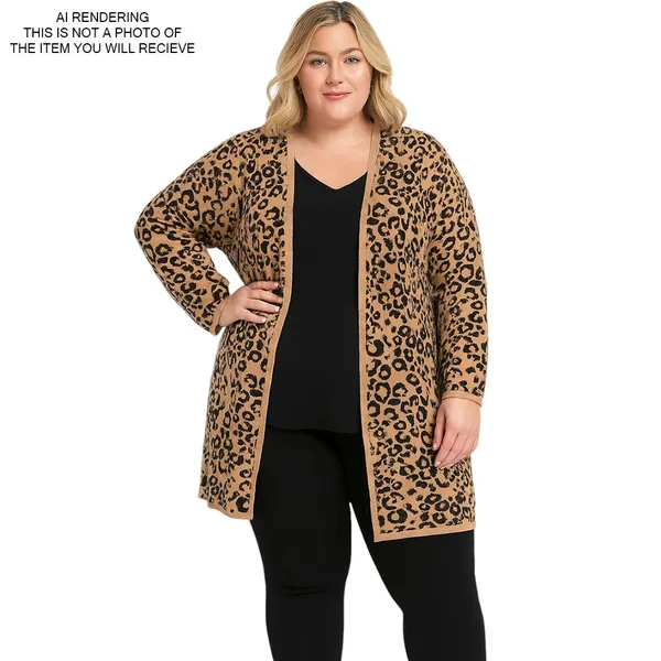JM Collection Cardigan Sweater Leopard Animal Boho Neutral Cozy Open Brown 2X - Image 7