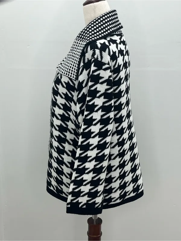 SIONI Black White Houndstooth Knit Wool Blend Cardigan Sweater Jacket Medium - Image 4
