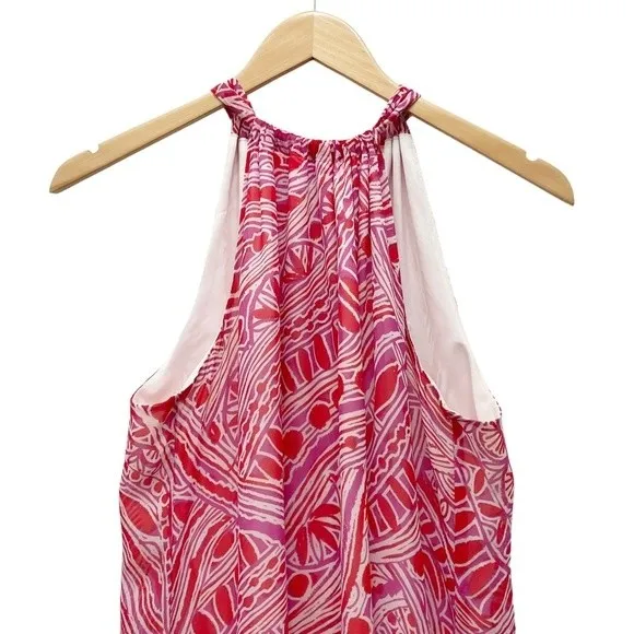Trina Turk Dress 100% Silk Halter A-Line Mini Red Pink Tribal Print Size Medium - Image 4