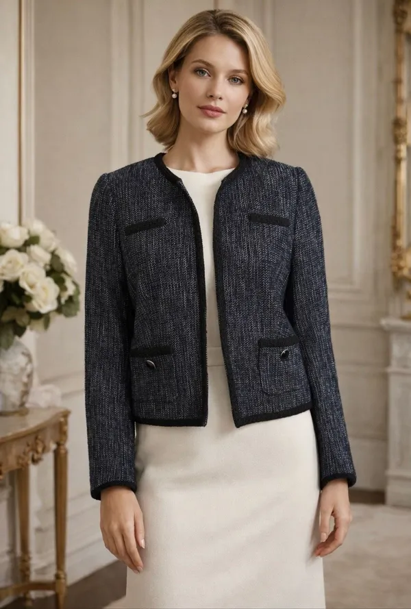 Hobbs London Navy Tweed Boucle Collarless Cropped Jacket Blazer US 8 - Image 9