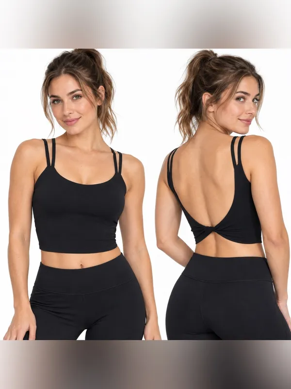 LUYAA Sports Bra Small Black Backless Twist Padded Strappy Yoga Workout Crop Top - Image 2