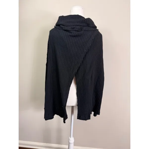 Free People Black Cowl Neck Waffle Knit Split Back Thermal Top Small P NEW - Image 3