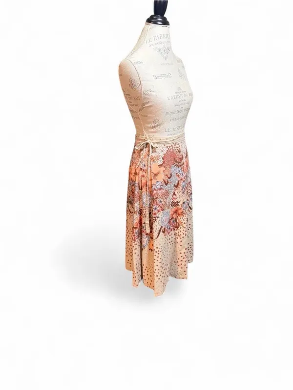 Orange, Brown, and Beige Floral Print A-Line Midi Wrap Skirt - Image 3