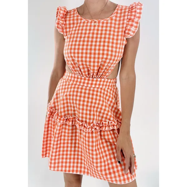 SheIn Women’s Orange Gingham Cut Out Open Back Tie Ruffle Dress Size XS - Image 2