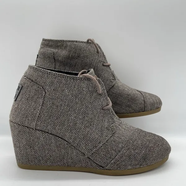 Toms Womens 7.5 Shoes Herringbone Print‎ Desert Ankle Bootie Brown Fabric Wedge - Image 2