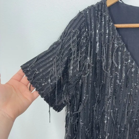 Zara Black Sequin Fringe Flapper 20s‎ Short Sleeve V Neck Mini Dress Party - Image 4