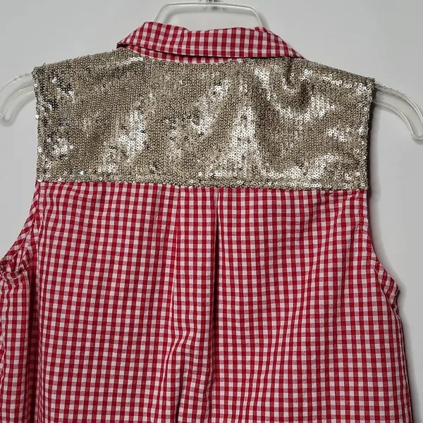 Ariat western gingham checkered plaid red white button down sequins top sz S - Image 6