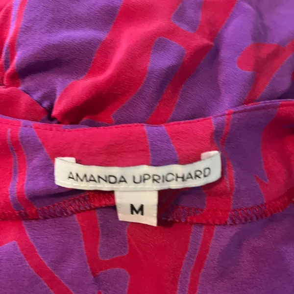 Amanda Uprichard Pink and Purple Abstract 100%‎ Silk Faux Wrap Top Size Medium - Image 3