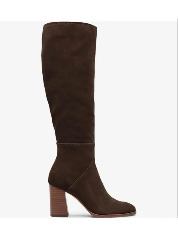 NEW Knee High Square Toe Chunky Block Heel Side Zipper Vegan Suede Boots 10 - Image 4