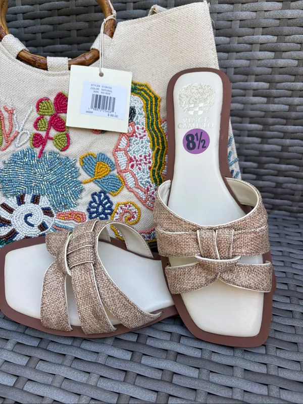 Vince Camuto VP-Byrdy Tan & Cream Woven Slide Sandals - Image 7