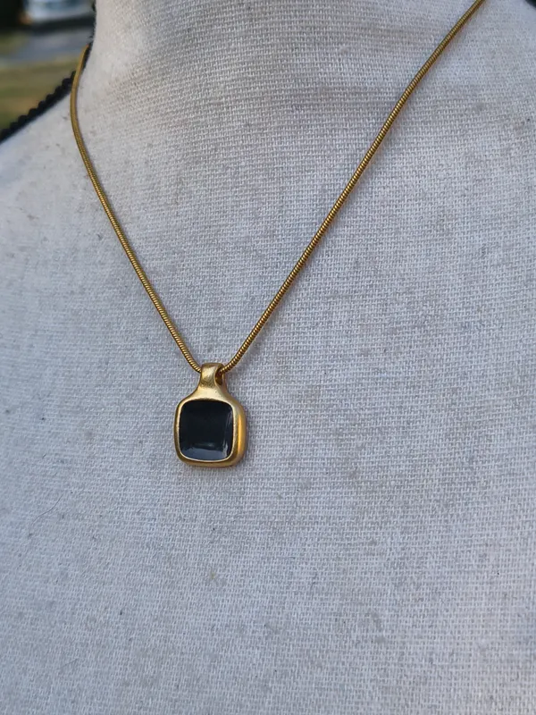 Gold-Tone Necklace with Black Square Pendant - Women Jewelry - Image 2