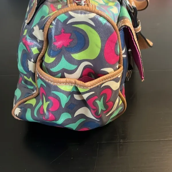Lily Bloom Multicolor Satchel Handbag‎ Geometric Floral Coated Canvas Brown Trim - Image 6