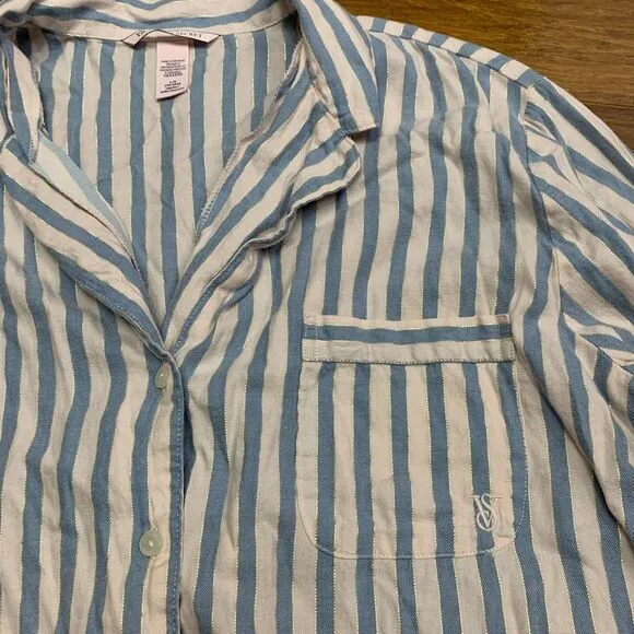 Victoria's Secret Top Womens Large Pink Blue Pajama Striped‎ Button Down Sleep - Image 2