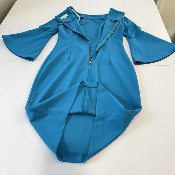 Calvin Klein Turquoise Blue‎ 3/4 Bell Sleeve Stretch Crepe Sheath Dress Size 6 - Image 7