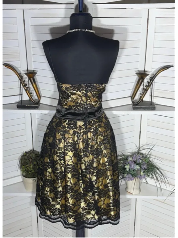 Vintage 90s dress black gold brocade floral whimsigoth cocktail wedding guest XL - Image 2