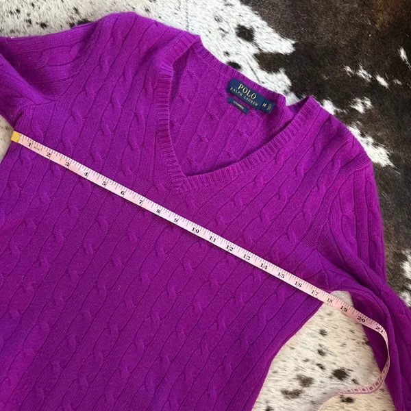 POLO RALPH LAUREN Purple V Neck Cashmere Cable‎ Knit Sweater Size Medium - Image 6