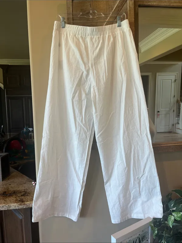 White Cotton Linen Elastic Waist Pull on Pants Women’s Large New - Image 2