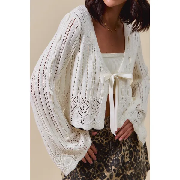 SO ME Textured Sweater Open Front Ribbon Tie Cardigan - Off White - XL‎ - Image 5