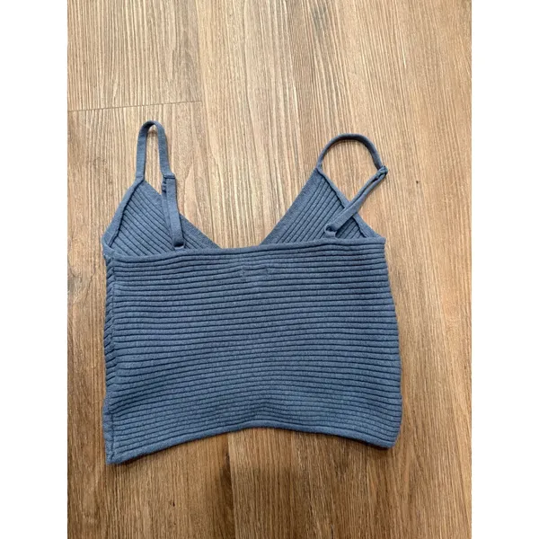 Aerie Women Small Dusty Blue Ribbed Wrap Front Knit Camisole‎ Cropped Tank Top - Image 3