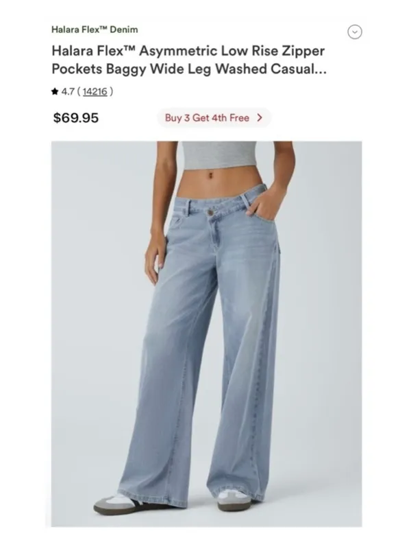 HALARA Flex™ Asymmetric Low Rise Zipper Pockets Baggy Wide Leg Jean Light Azure - Image 4