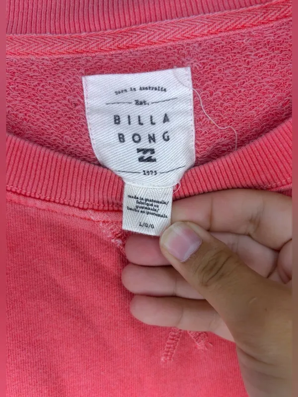 BILLABONG Coral Pink Cropped Crewneck Sweatshirt | Palm Embroidery Hem Drawstrin - Image 7
