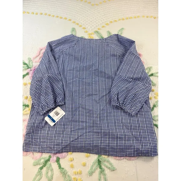 Blue White Gingham Tie Neck 3/4 Sleeve Blouse Shirt‎ Women's Plus Size XL - Image 3