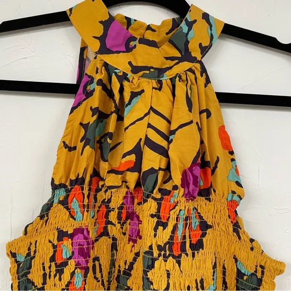 Haute Hippie Mustard Yellow Floral Print Halter Smocked Boho Blouse L Sleeveless - Image 5