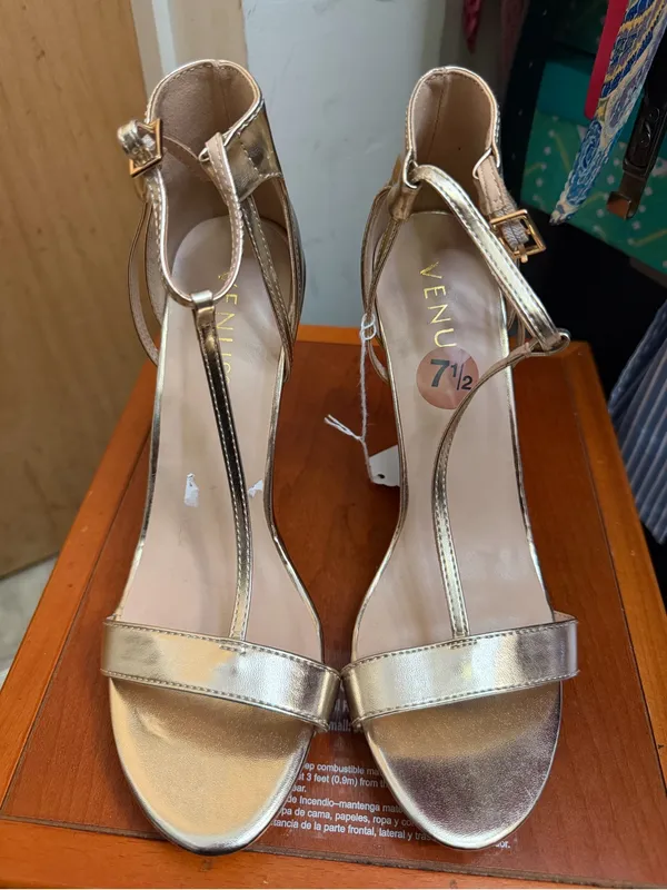 Venus Gold Metallic T-Strap Stiletto Heels - Wedding Guest Glam. Size: US 7.5 - Image 2