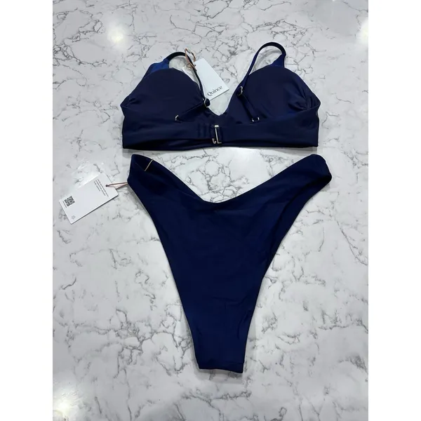 NWT Quince Deep Navy Italian V Neck Bikini Top & Dipped High Leg Bottom Medium - Image 2