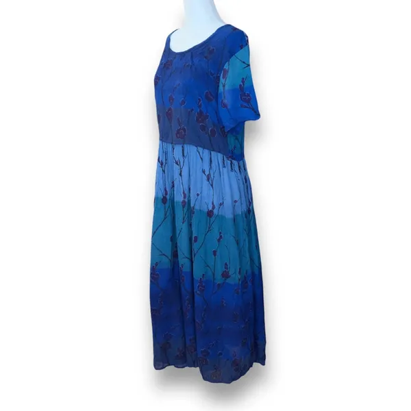 Vintage 90s Ombre Blue Dark Floral Crinkle Dress Short Sleeve Maxi‎ Festival - Image 7