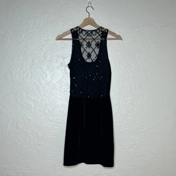 Jessica McClintock Gunne Sax Vintage Velvet Sequin Sheer Back Dress Black 7/8 - Image 3