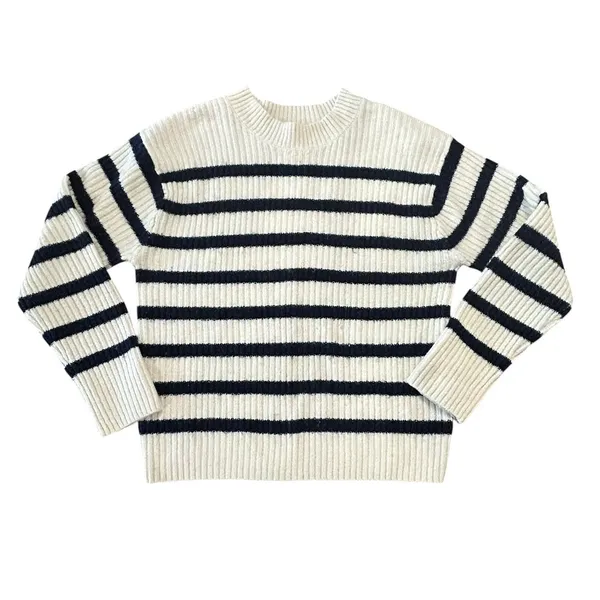 H&M Striped Rib Knit Sweater Coastal Cream Navy Blue Crewneck Small - Image 2