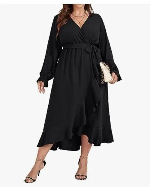 NEW Long Sleeve Wrap V Neck Split Ruffle Cocktail Dress 2X NO BELT - Image 3