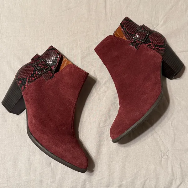 Vionic Burgundy Suede Snake Skin Block‎ Heel Bootie B37 - Image 2