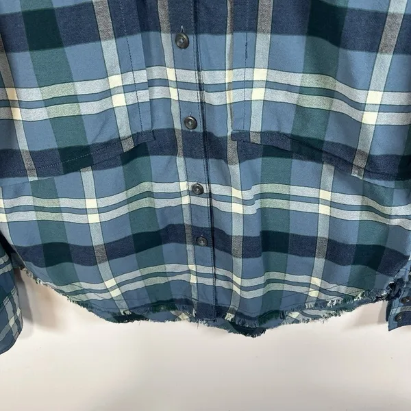 Free People Loveland Plaid‎ Button Down Shirt Blue Rayon Cotton Tunic Sz XS Boho - Image 3