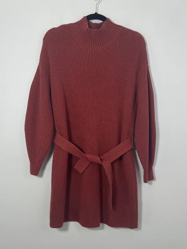 Anthropologie Maeve Size XS Mock Neck Tie Waist Sweater Mini Dress Cedar Color - Image 3