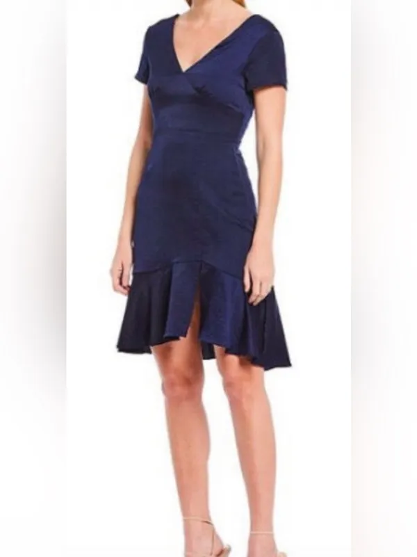 Skies are Blue Navy Satin Flutter Sleeve Midi Dress Sz Med Autumn Wedding Guest - Image 11