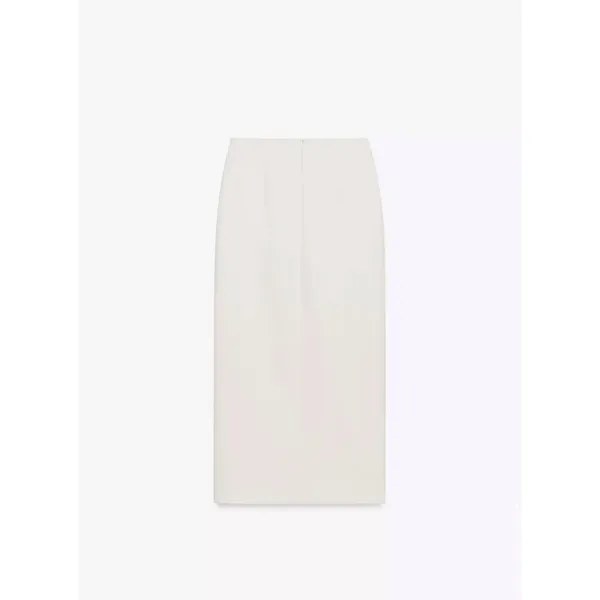 Zara Women Cream Button Front Midi Skirt Gold Brooch Contrast Waistband‎ Slit XL - Image 6