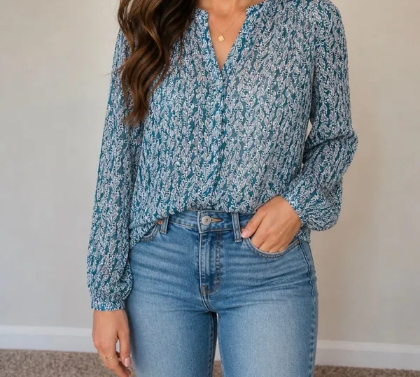 Ann Taylor LOFT Women's Teal Leaf Print Long Sleeve Blouse‎ size S - Image 3