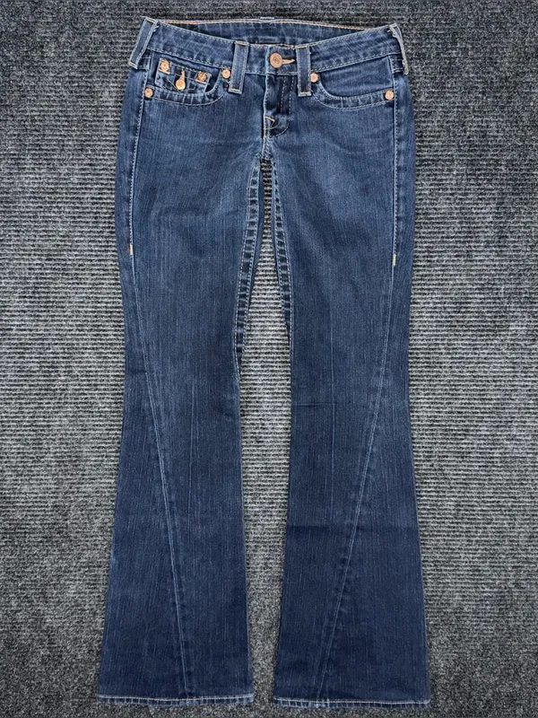 RARE Vintage True Religion Low Rise Twisted Flare Jeans Sz 26 x 33 Dark Wash Y2K - Image 2