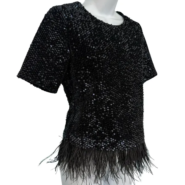 Ann Taylor Black Sequin Short Sleeve Feather Trim Round Neck Shirt Top Size XS - Image 9