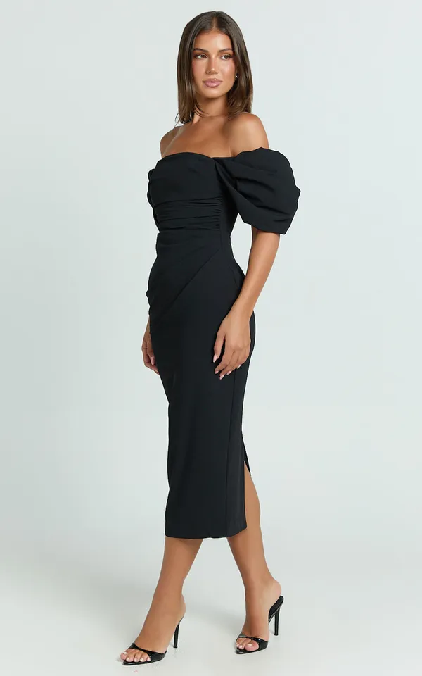 New Showpo Lohan Midi Dress Off Shoulder Puff Sleeve Size Medium MSRP $129 - Image 4