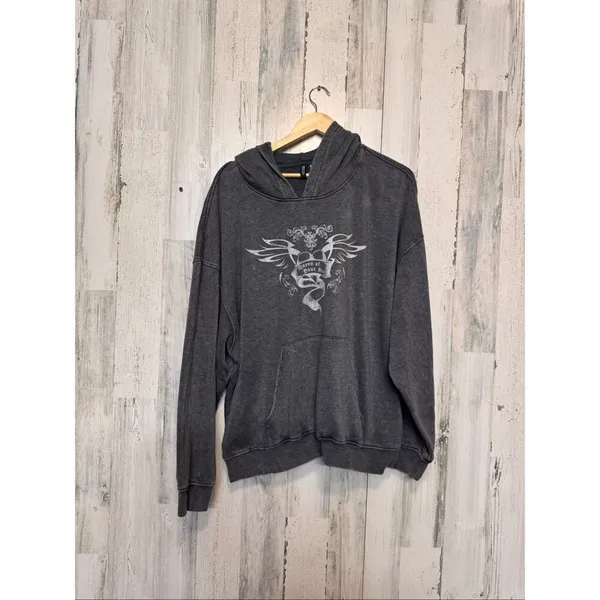 H&M Divided Hoodie Womens XXL Dark Grey Acid Wash Queen of Your Heart Graphic - Image 2