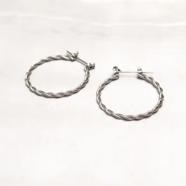 Vintage Stud Earrings Silver Tone Hoops Twisted Hoop Design Large 1 & 1/8" - Image 5