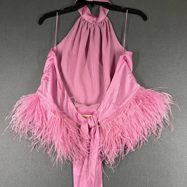 Ramy Brook Faux Feather Trim Halter Top Womens L Pink Fiyero Party Blouse NWT - Image 9