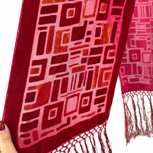 Whimsigoth Red Velvet‎ Burnout Scarf Fringe Gothic Art Deco Long Wrap 9.5Wx76H - Image 7