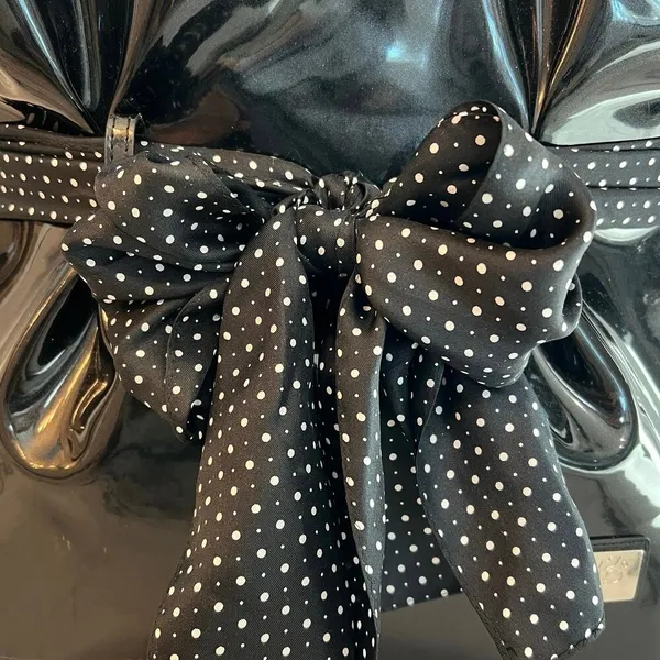 Beijo Black Vegan Patent Leather Paper Bag Handbag Polka Dot Scarf Twee Preppy - Image 3