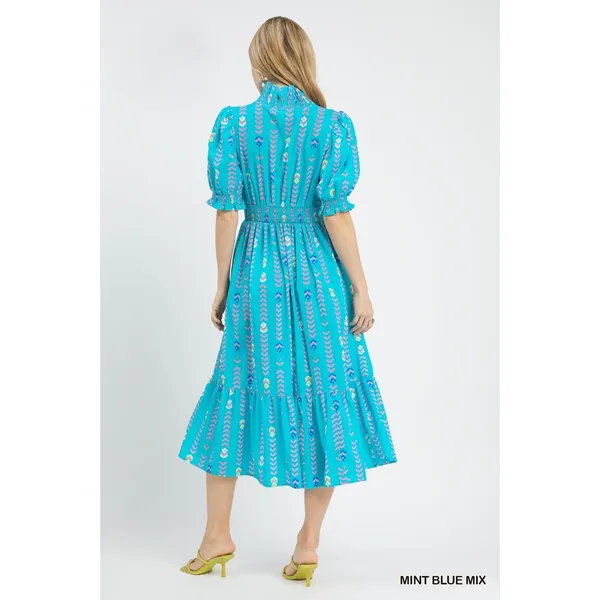 Umgee Vibrant Ruffle Smocked Midi Dress -‎ Mint Blue Mix - Small - Image 2
