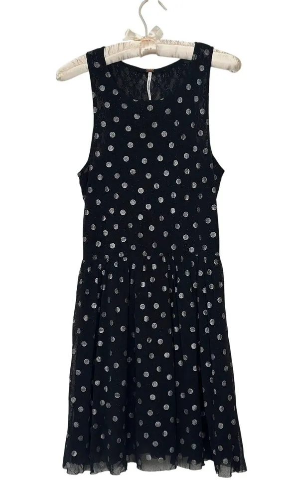 FREE PEOPLE Sheer Lace Metallic Drop Waist Black White Polka Dot Mini Dress - Image 2