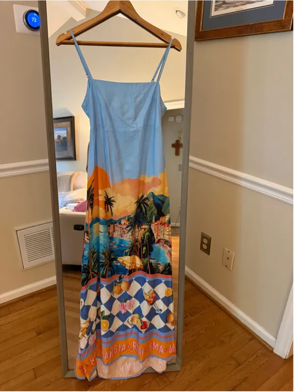 Women's Paper Heart Maxi Dress XS Blue Orange Coastal Print - Image 2